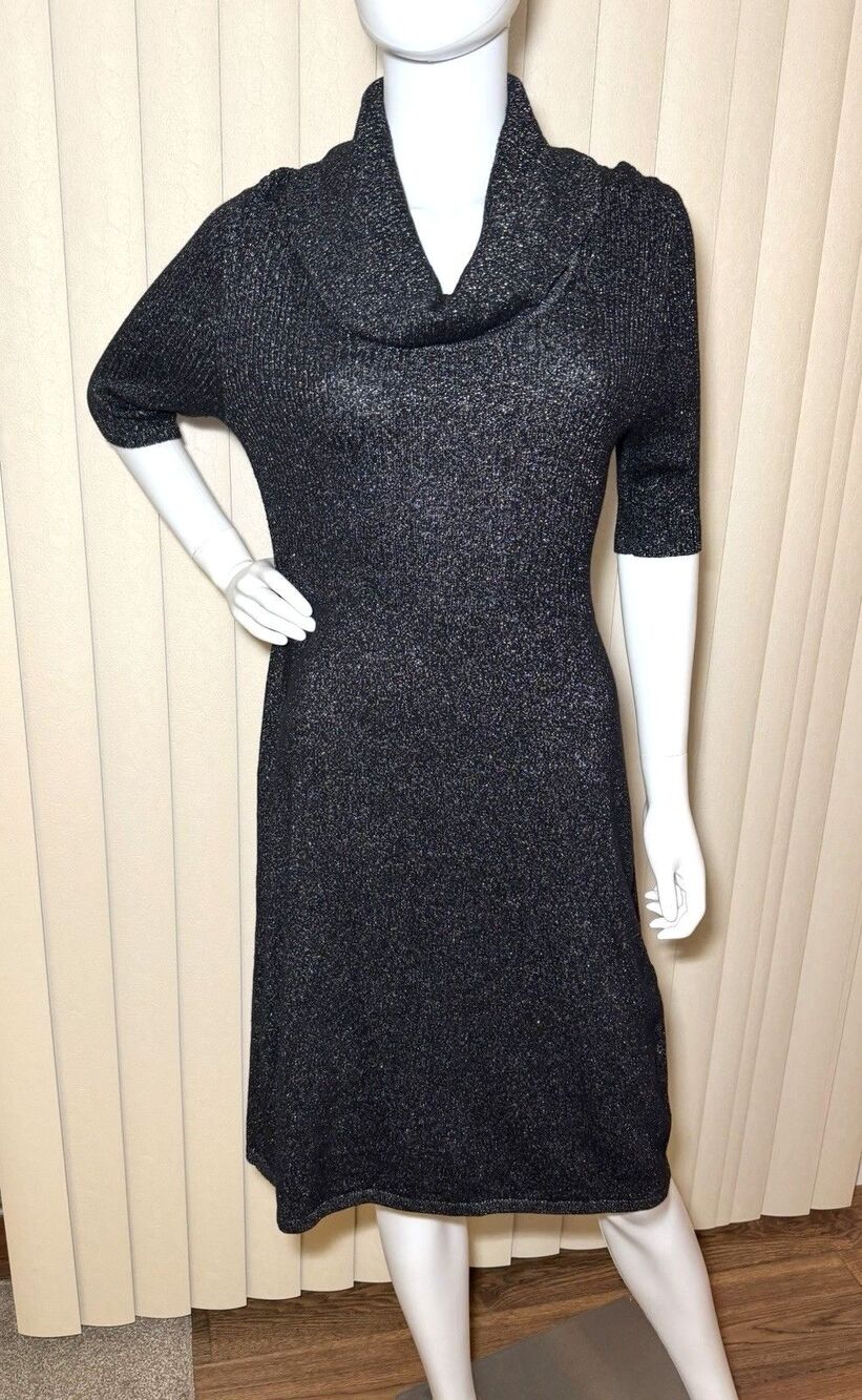 Nine West XL Black Metallic Cowl Neck Sweater Dress 3/4 Sleeve